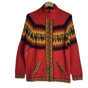 Vintage Peruvian Sweater Alpaca Full Metal Zip Medium Boho Andean Knit Llamas